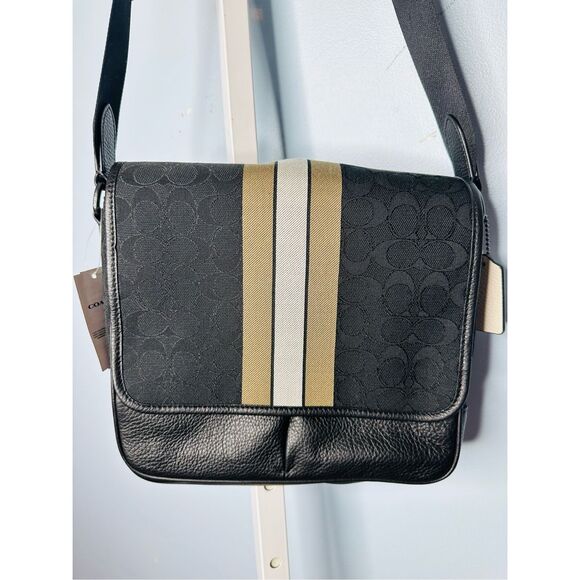 COACH NWT Thompson Crossbody Bag Jacquard Varsity Stripe Black Leather Snap - Picture 4 of 12